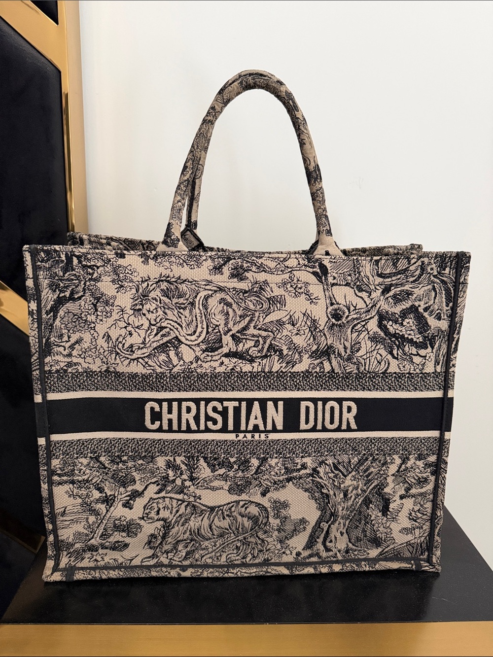 Christian Dior de jouy embroidery Black Toile large book Tote